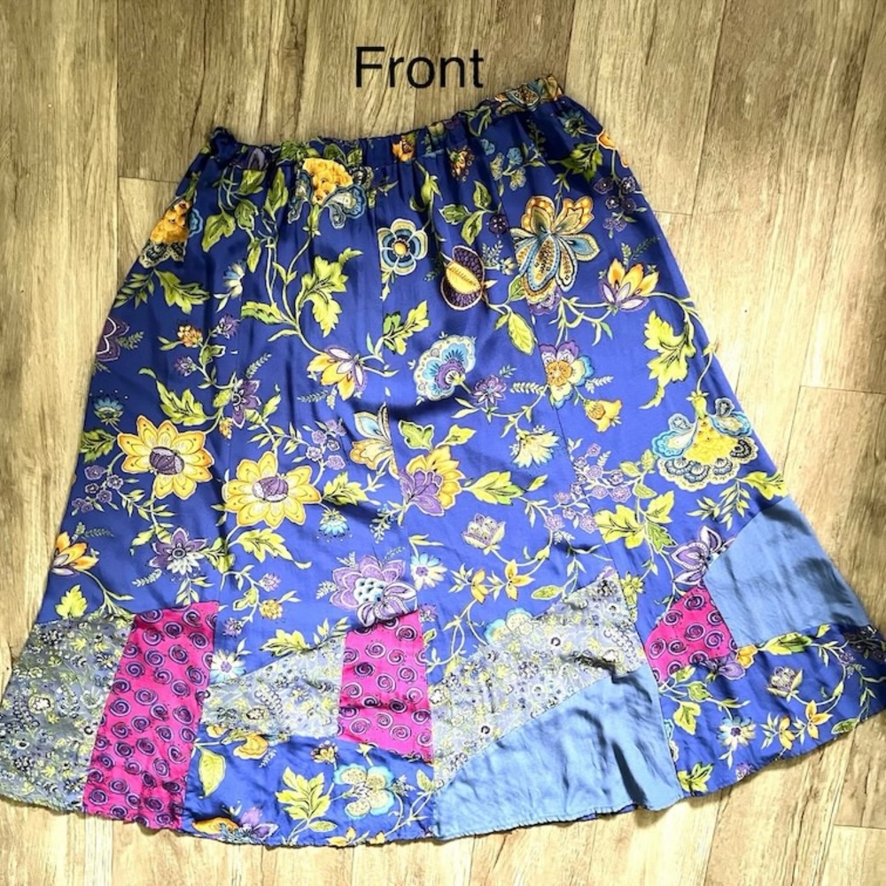 Vintage 90’s Royal Blue Floral + Paisley Patchwork Boho Midi Skirt - Picture 3 of 16